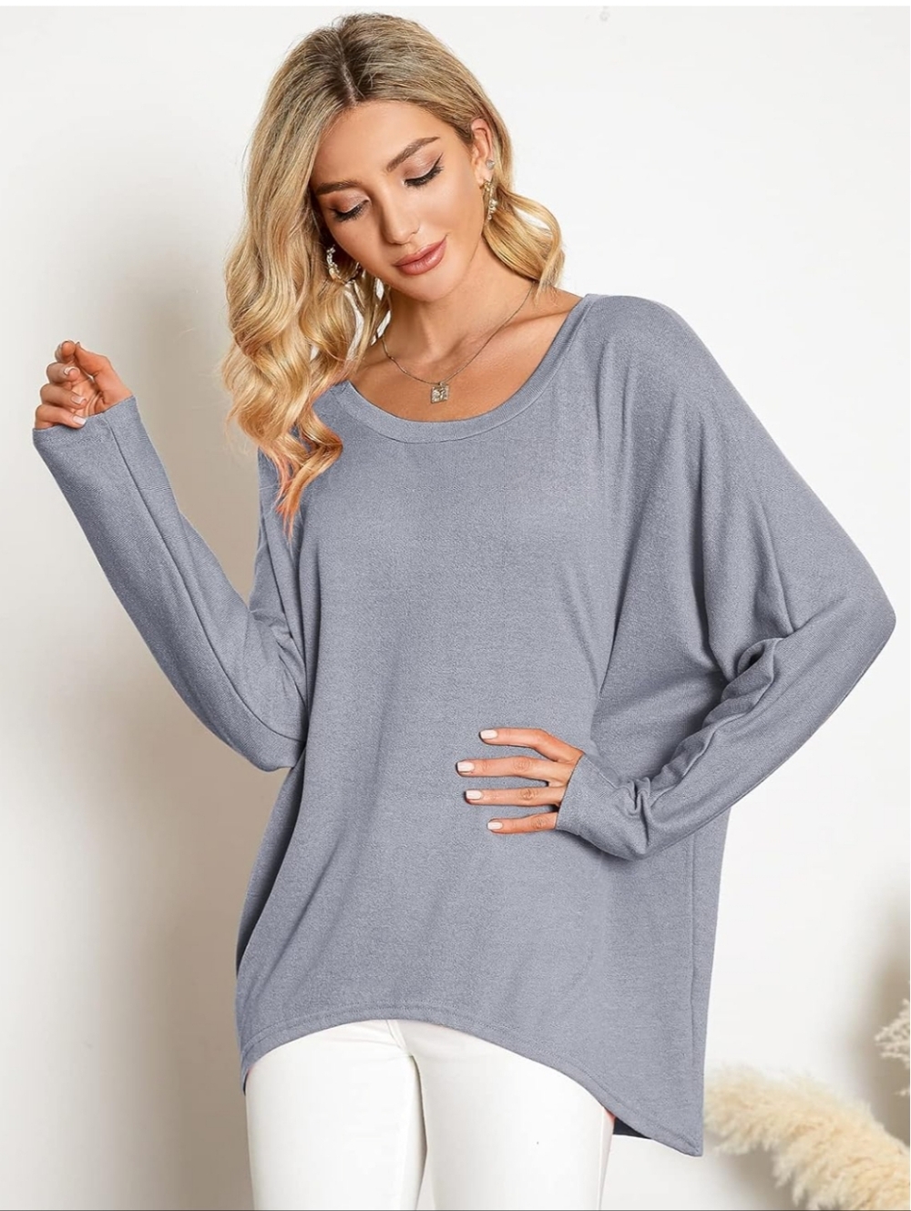 Oversized Long Sleeve Tee Tunic, Light Grey, Size M